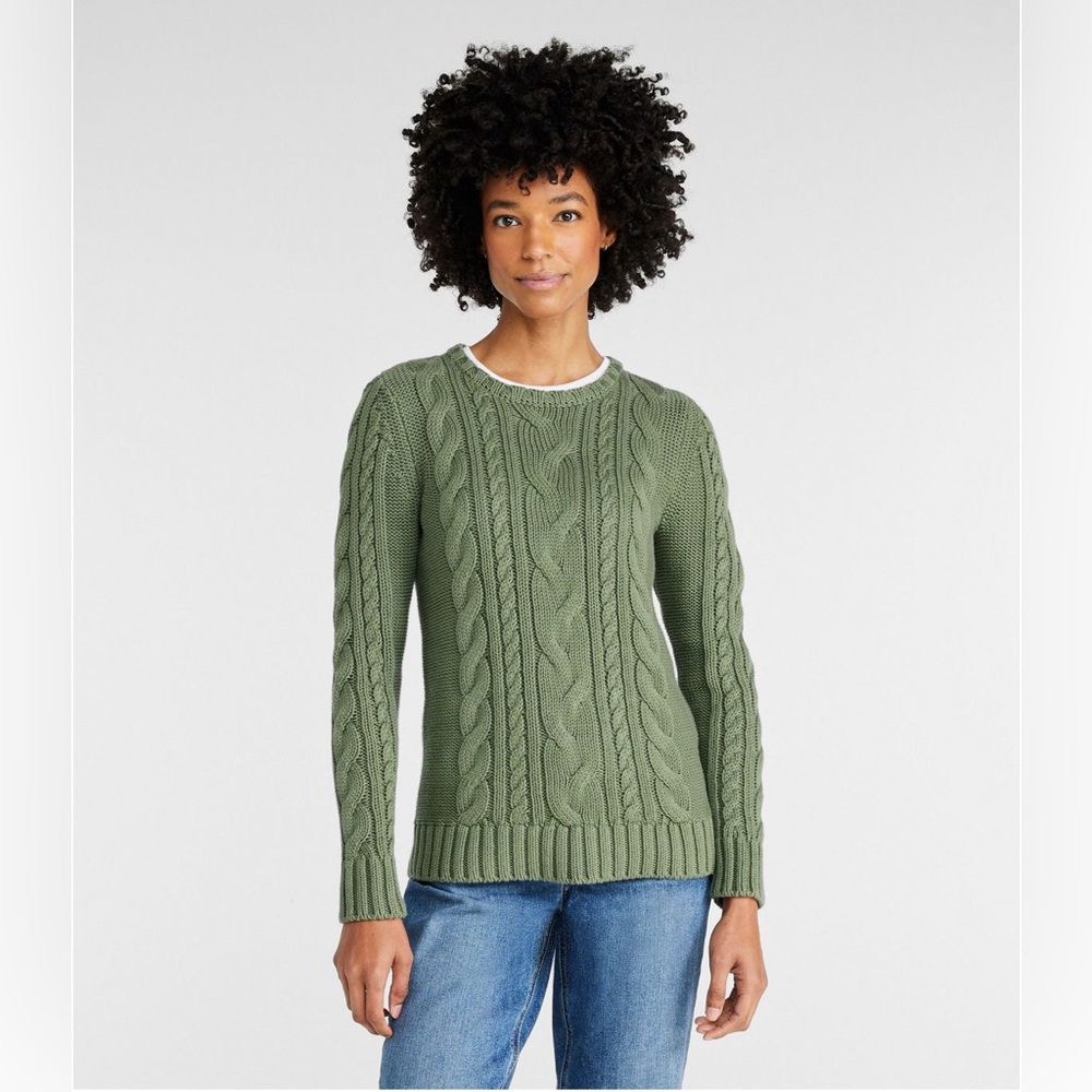 L.L. Bean Women's Double L Cable Sweater, Crewneck Bay Leaf - Size XS